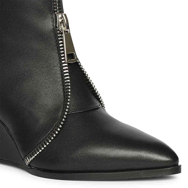 Saint Avia Front Zipper Black Leather Wedge Ankle Boots