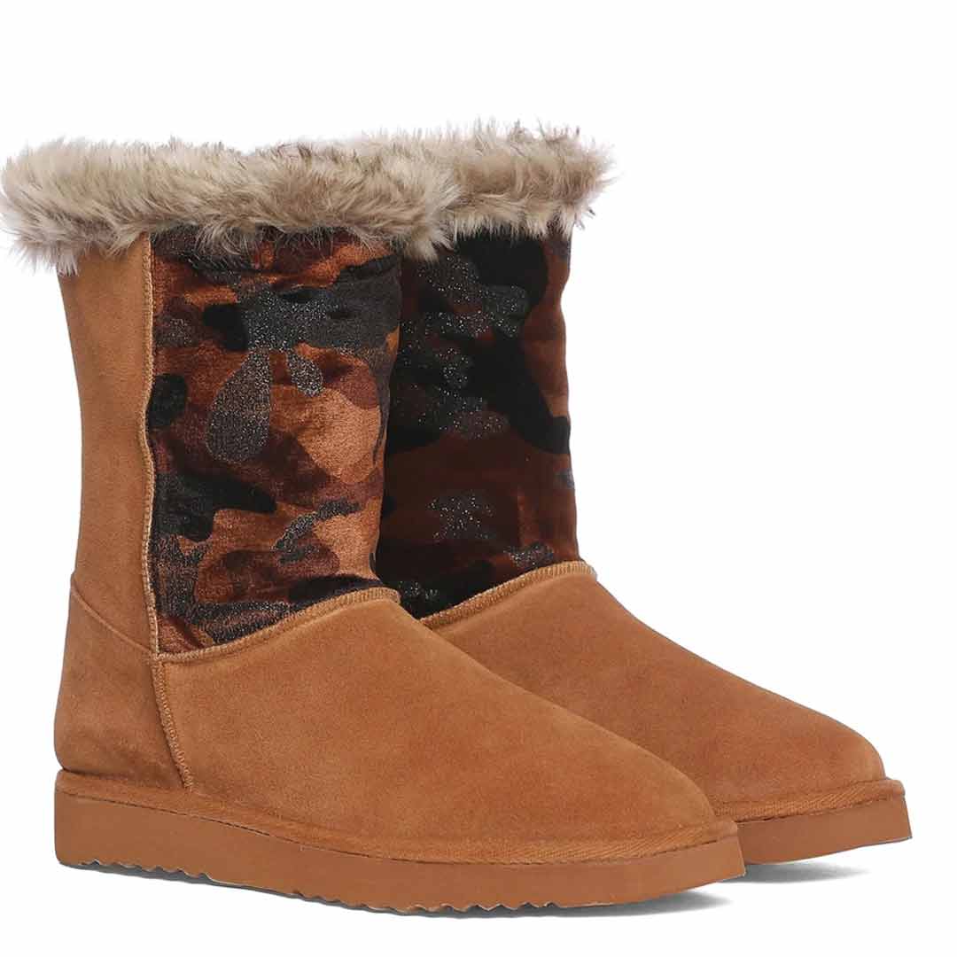 Saint Honora Tan Camo Boots: Stylish Italian fabric-leather snug boots in a unique tan camo design for fashion-forward comfort