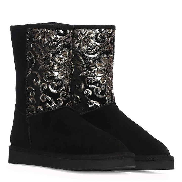 "Saint Corah Sequins Black Snug Boots: Stylish and comfortable women's footwear with sequin embellishments for a touch of glam."