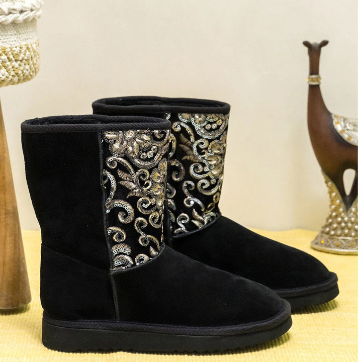 "Saint Corah Sequins Black Snug Boots: Stylish and comfortable women's footwear with sequin embellishments for a touch of glam."