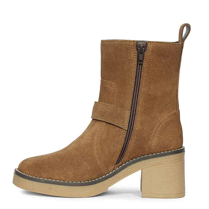 Saint Carmen Buckle Tan Suede Leather Ankle Boots