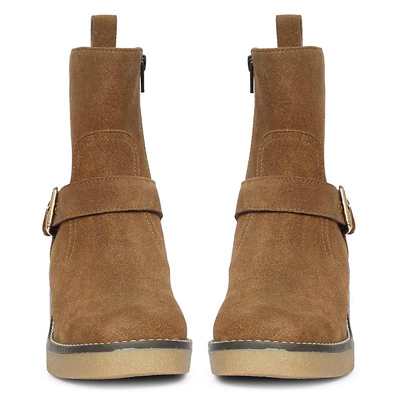 Saint Carmen Buckle Tan Suede Leather Ankle Boots