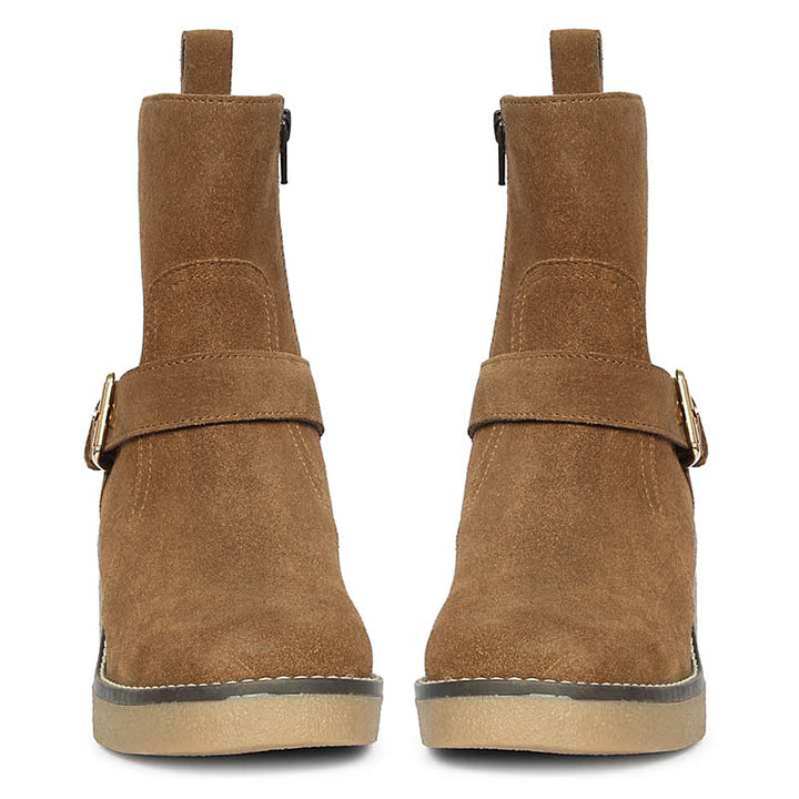 Saint Carmen Buckle Tan Suede Leather Ankle Boots