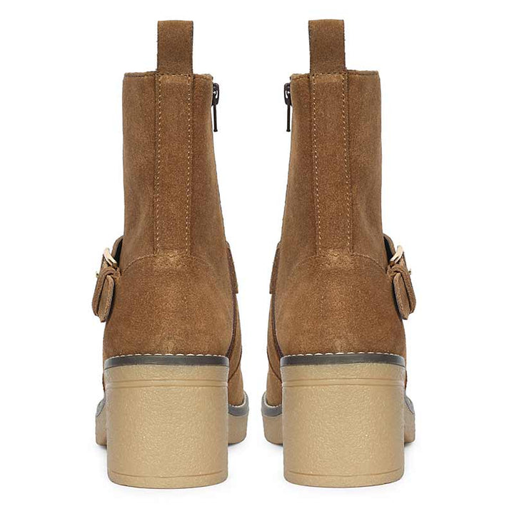 Saint Carmen Buckle Tan Suede Leather Ankle Boots
