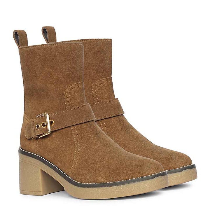 Saint Carmen Buckle Tan Suede Leather Ankle Boots