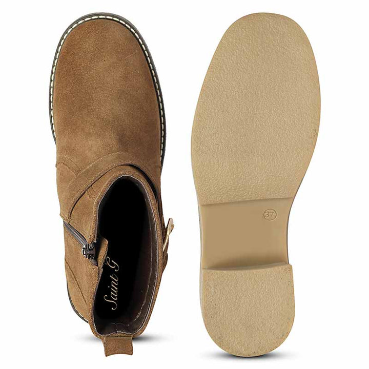Saint Carmen Buckle Tan Suede Leather Ankle Boots