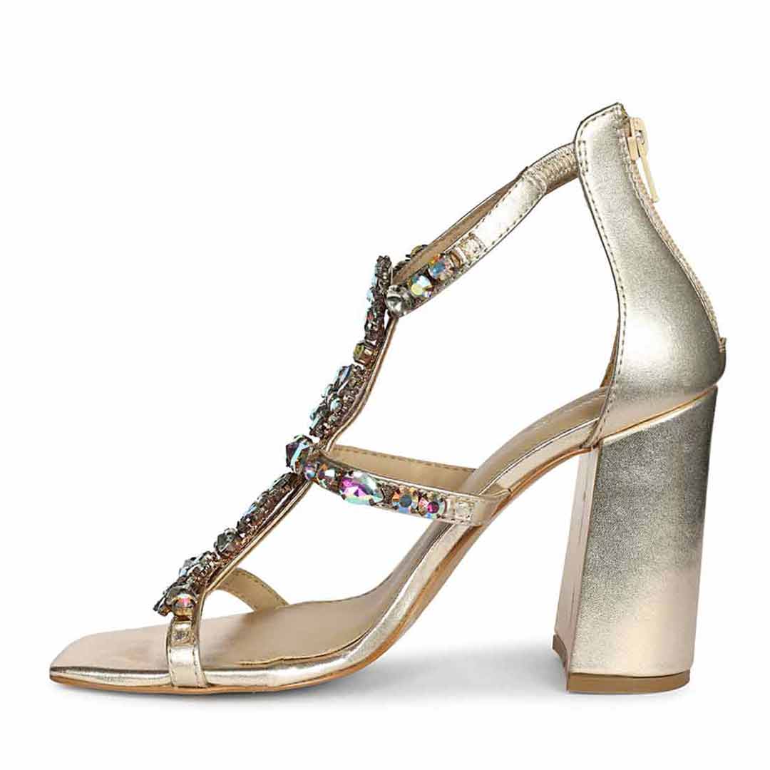 Saint Holly Rainbow Stone Metallic Gold Leather Block Heels