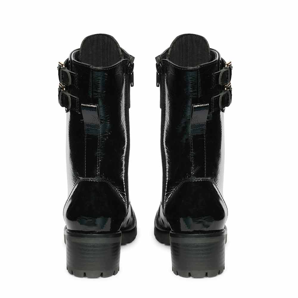 Saint Alba Black Crinkle Patent Leather Lace Up High Ankle Boots