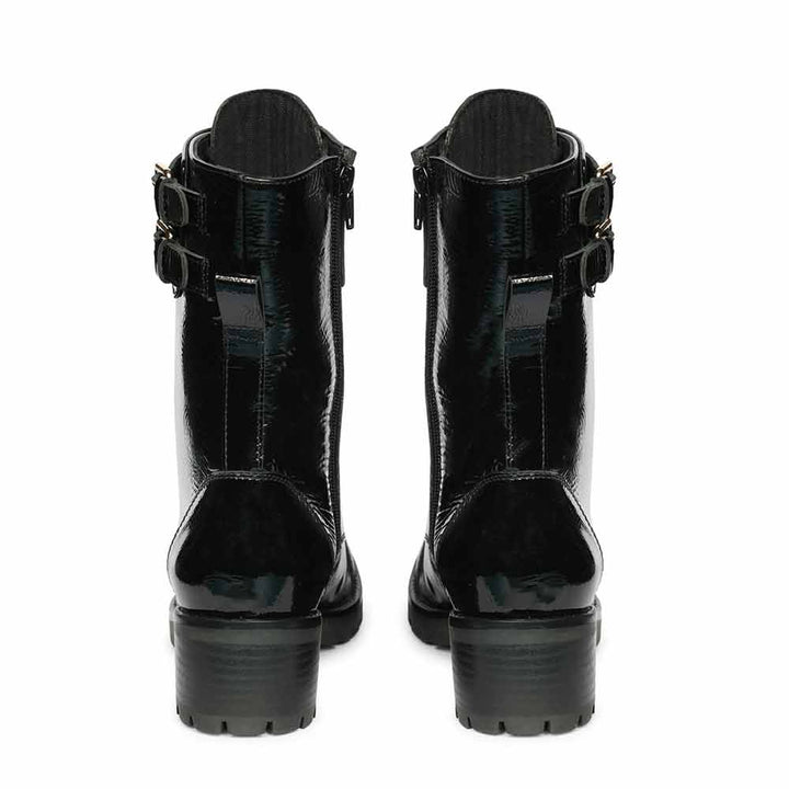 Saint Alba Black Crinkle Patent Leather Lace Up High Ankle Boots