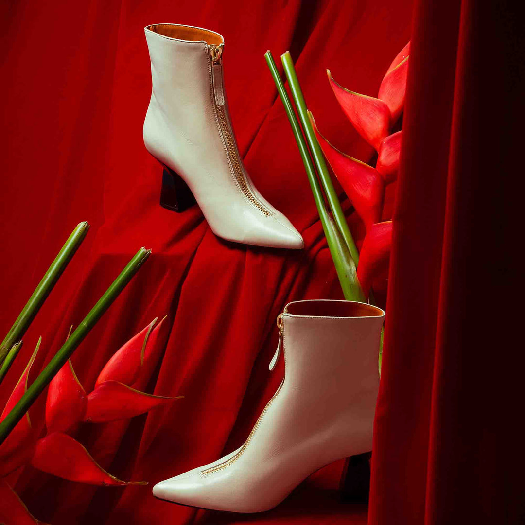 Saint Rose Off White Leather Front Zipper Pointed Toe Heel Boots