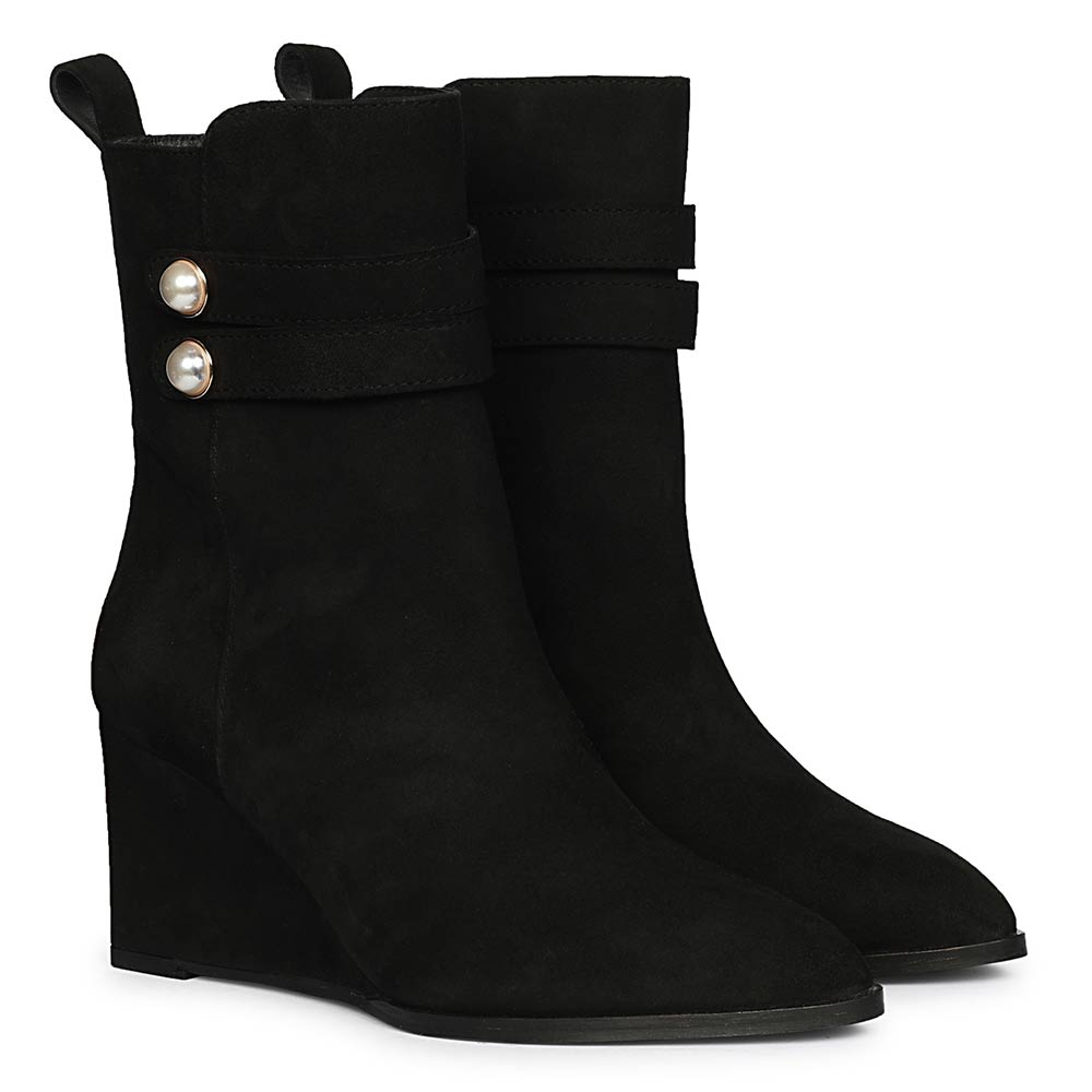Saint Rosabel Pearl Black Suede Leather Wedge Ankle Boots