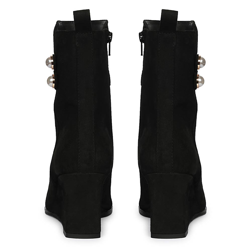 Saint Rosabel Pearl Black Suede Leather Wedge Ankle Boots