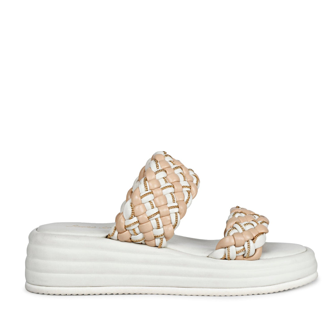 Saint Flurina Chain Embellished Beige Woven Leather Platform Sandals