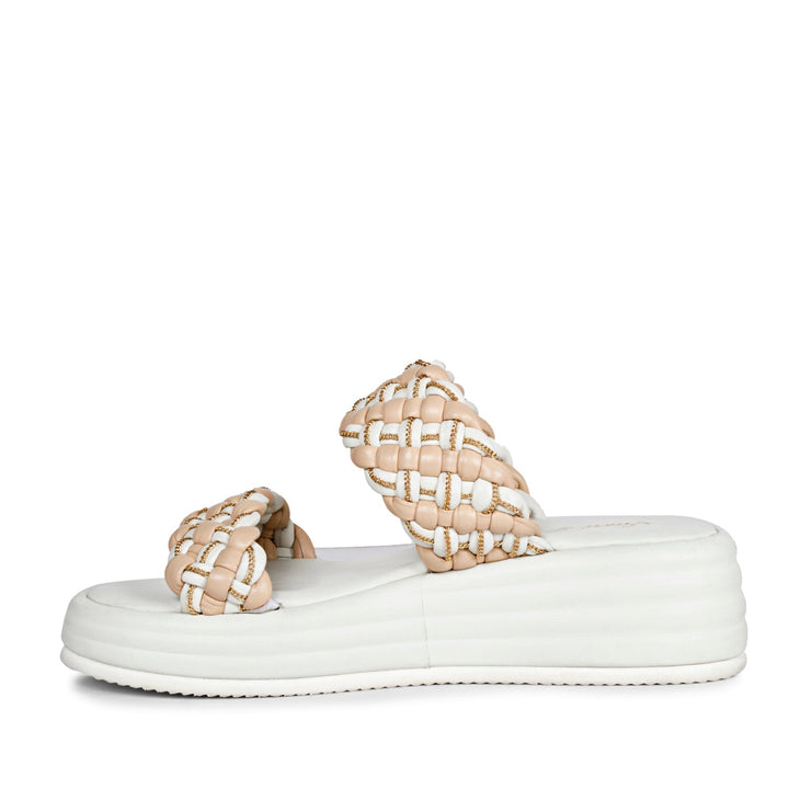 Saint Flurina Chain Embellished Beige Woven Leather Platform Sandals