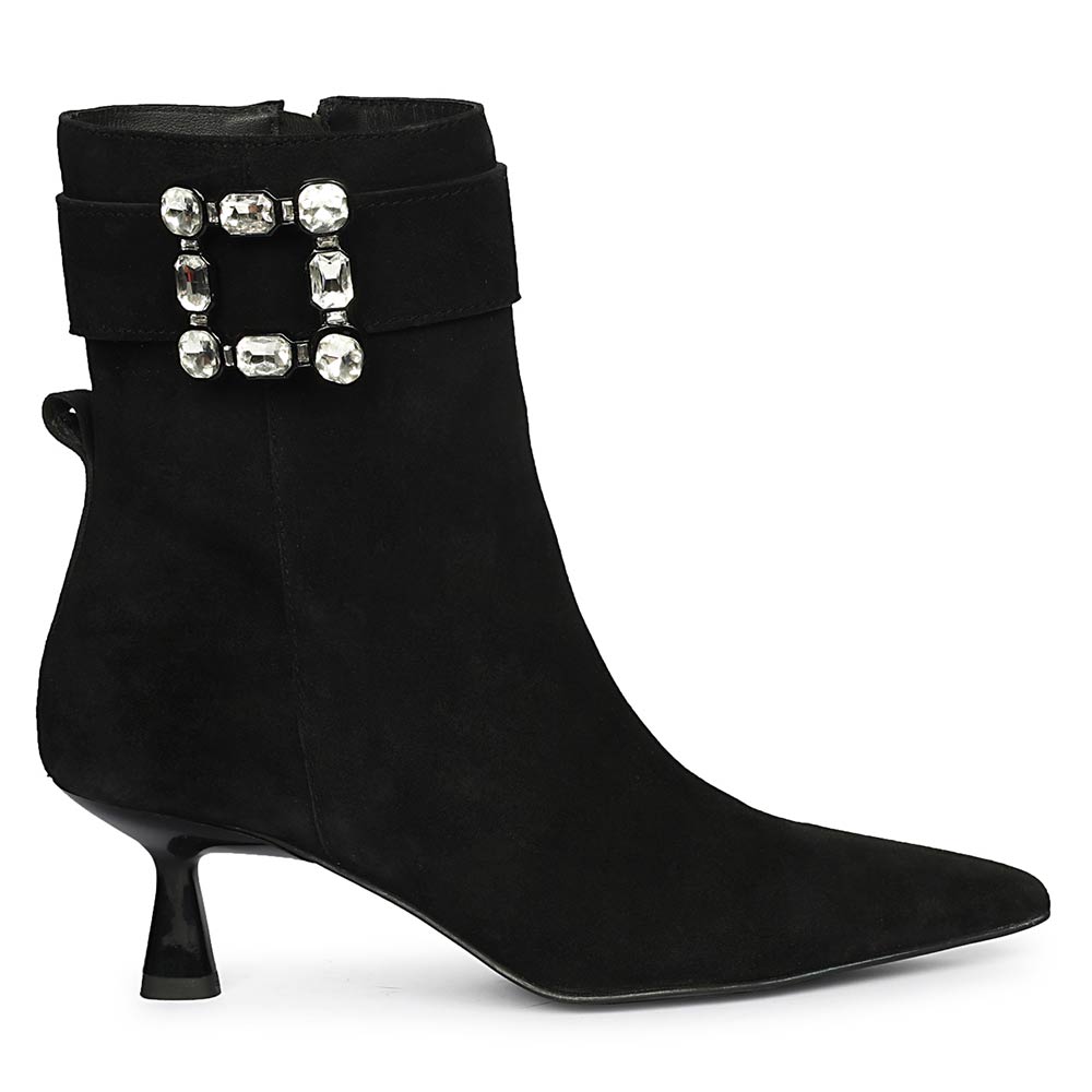 Saint Everly Crystal Buckle Black Suede Leather Ankle Boots
