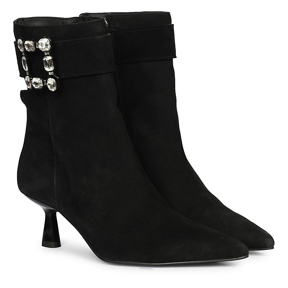 Saint Everly Crystal Buckle Black Suede Leather Ankle Boots