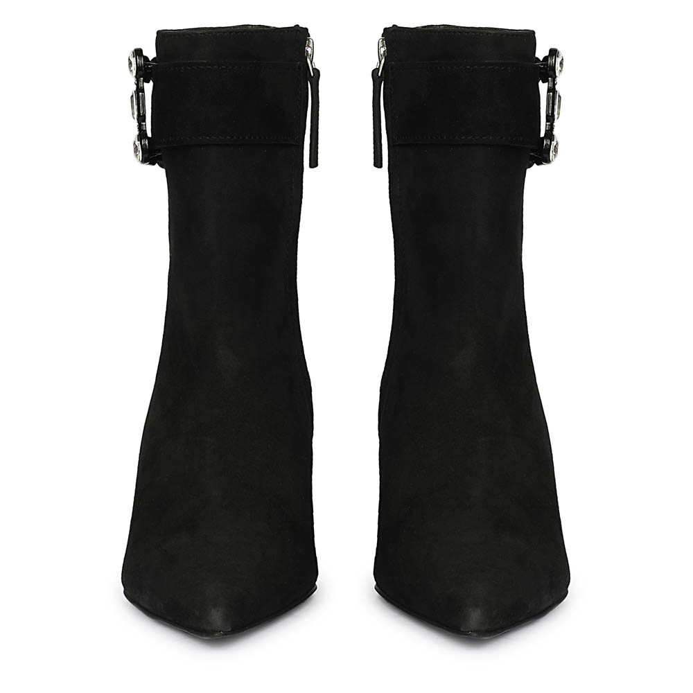 Saint Everly Crystal Buckle Black Suede Leather Ankle Boots