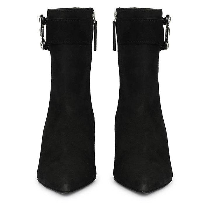 Saint Everly Crystal Buckle Black Suede Leather Ankle Boots