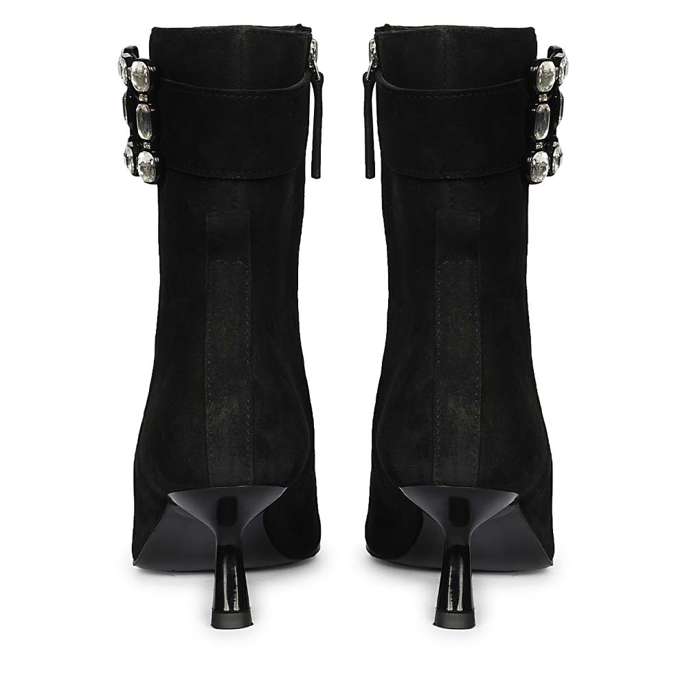 Saint Everly Crystal Buckle Black Suede Leather Ankle Boots
