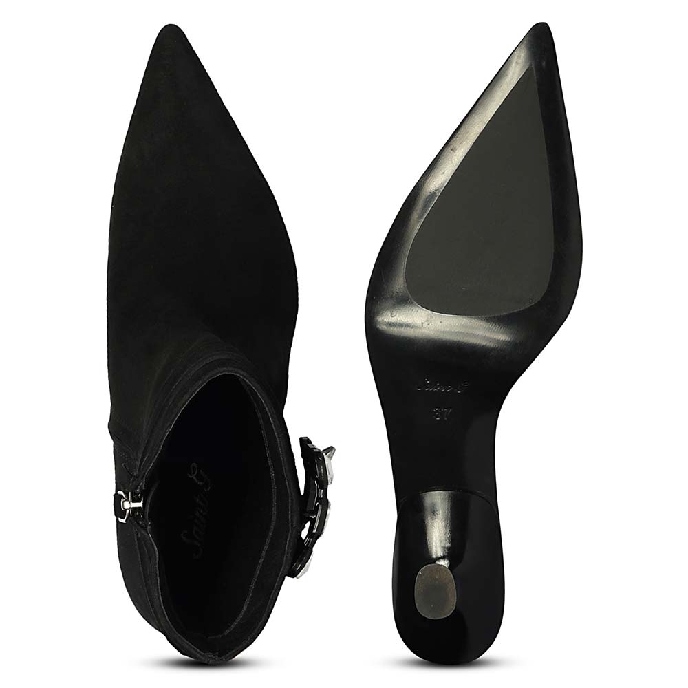 Saint Everly Crystal Buckle Black Suede Leather Ankle Boots