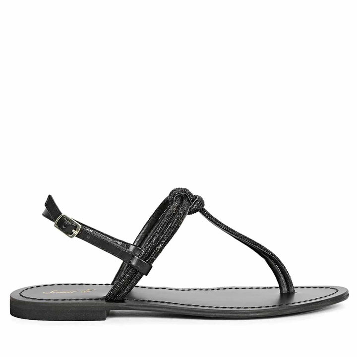 Saint Elsie Crystal Cord Black Leather Flat Sandals