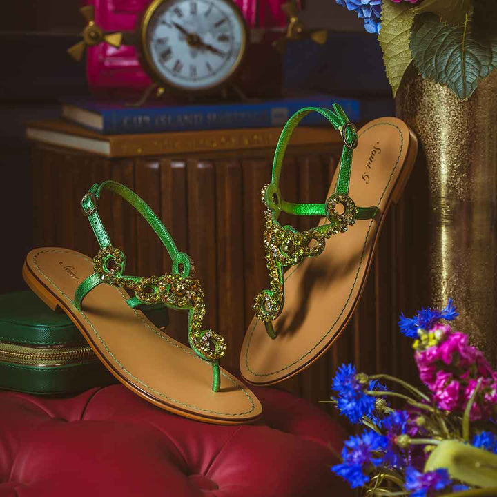 Saint Kaia Gold Stone  Metallic Green Leather Sandals