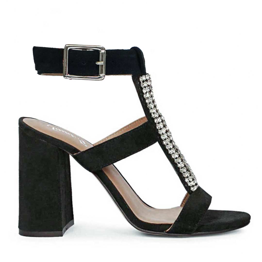 Saint Silvia Stone Embellished Black Suede Leather Block Heels