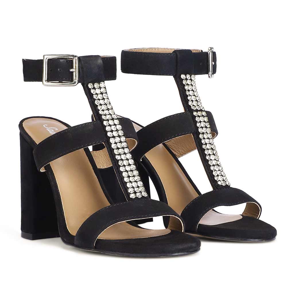 Saint Silvia Stone Embellished Black Suede Leather Block Heels