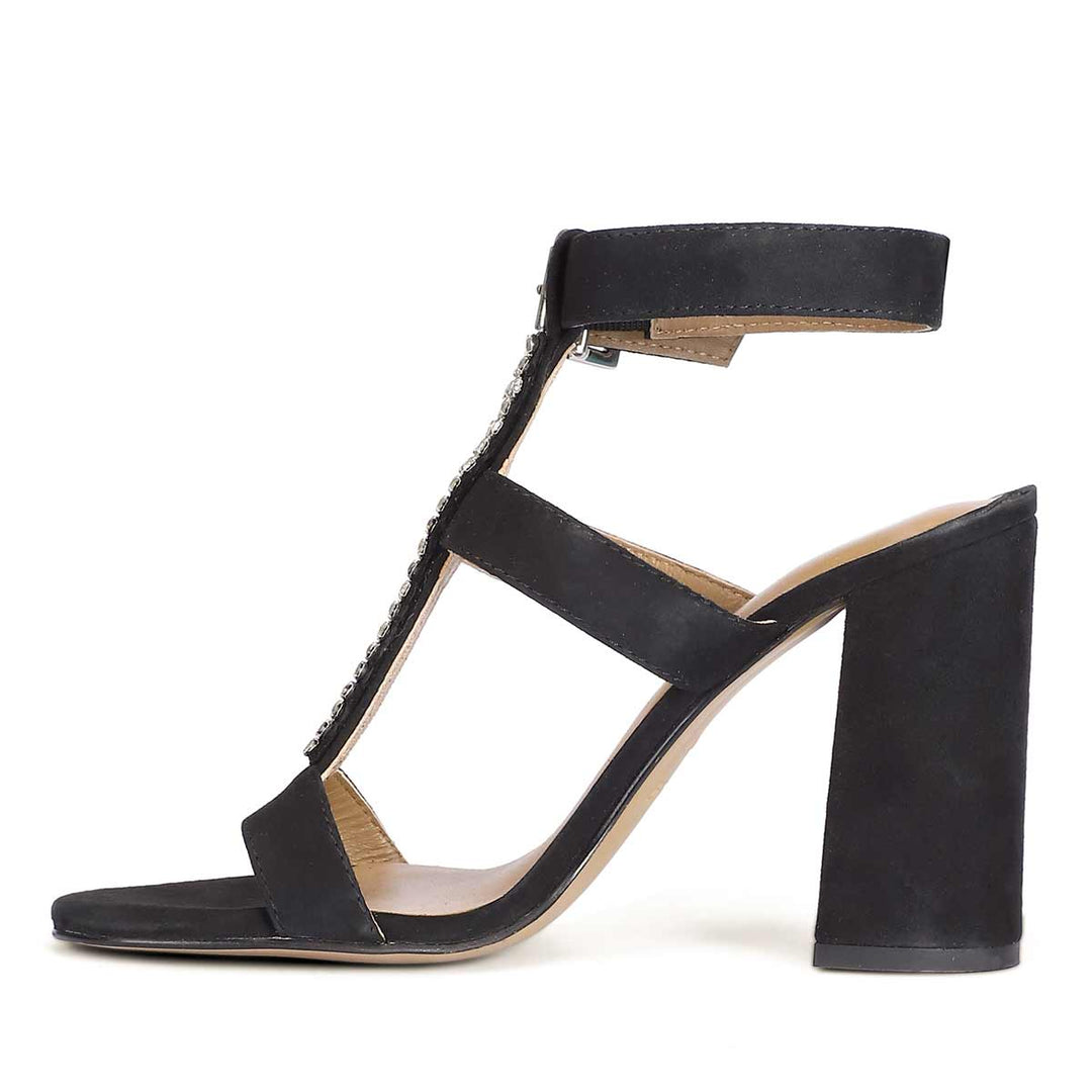Saint Silvia Stone Embellished Black Suede Leather Block Heels