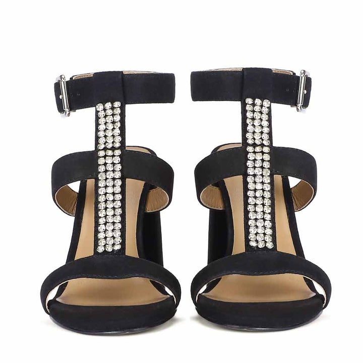 Saint Silvia Stone Embellished Black Suede Leather Block Heels