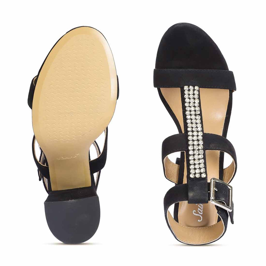 Saint Silvia Stone Embellished Black Suede Leather Block Heels