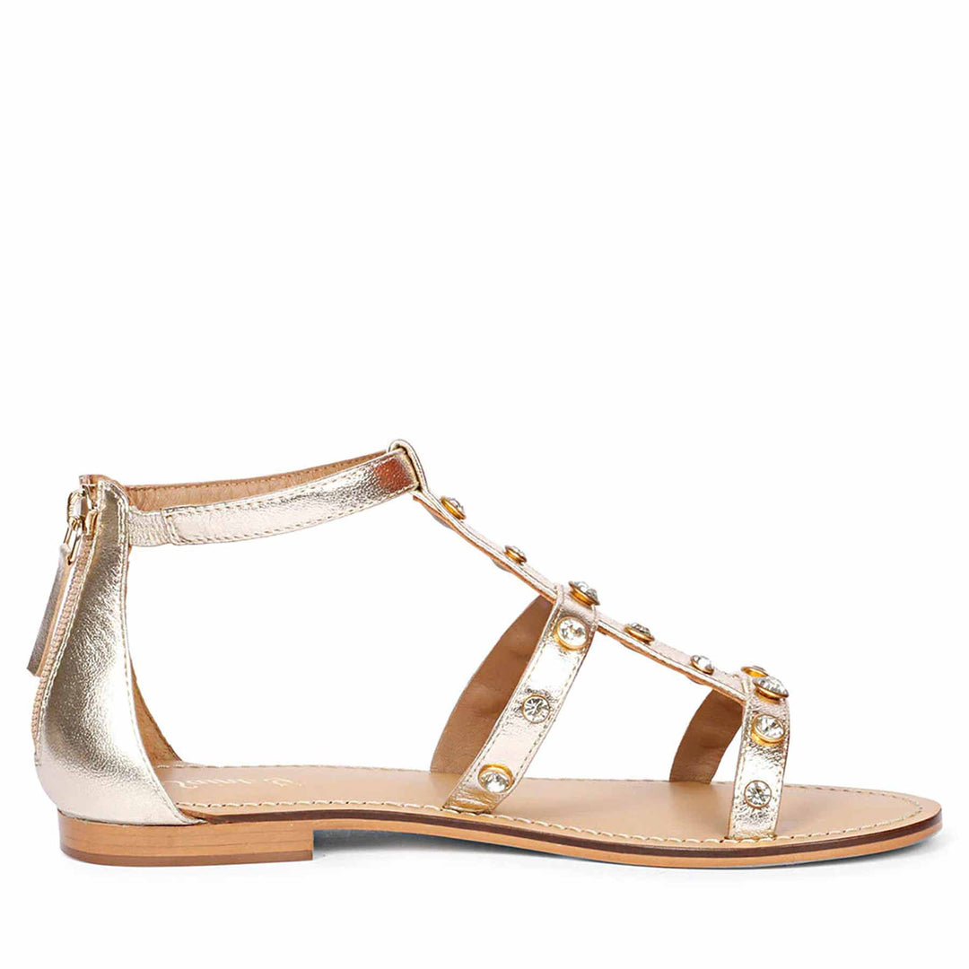 Saint Dion Crystal Stone Studded Platin Leather Sandals