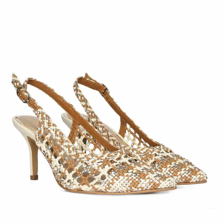 Saint Tamia Tan & Platin Hand Woven Leather Pumps