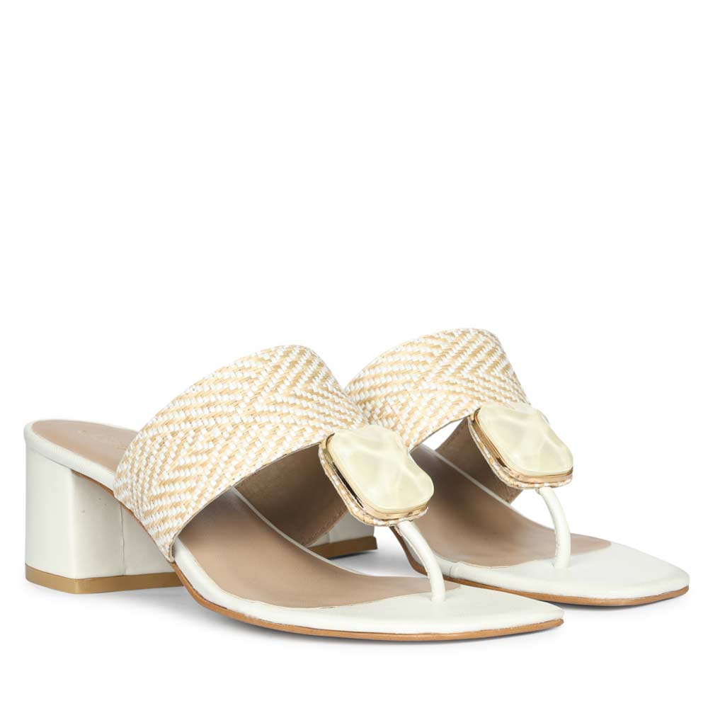 Saint Stevie Stone Jeweled Beige Raffia Block Heels