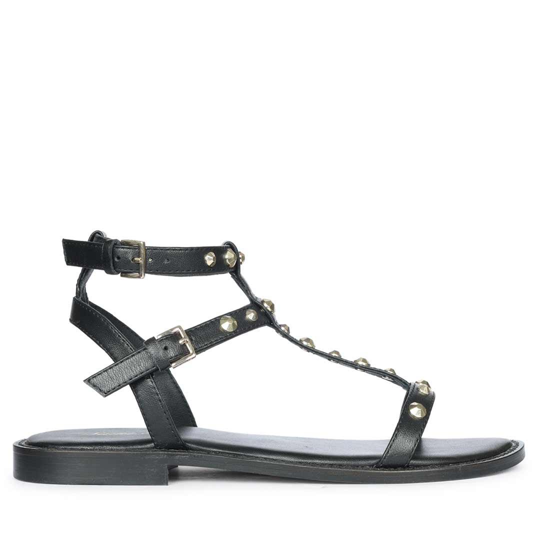 Scarletta Gold Studs Black Leather Sandals