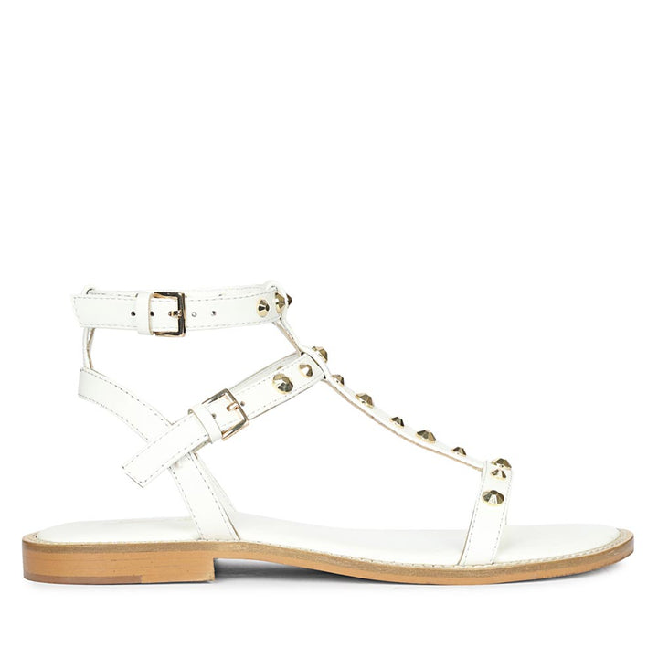 Scarletta Gold Studs White Leather Sandals
