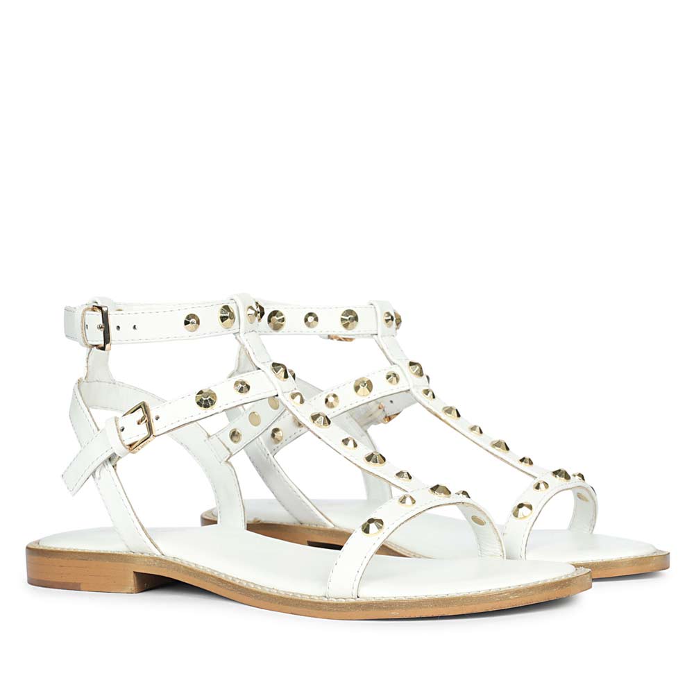 Gold studded white leather sandals