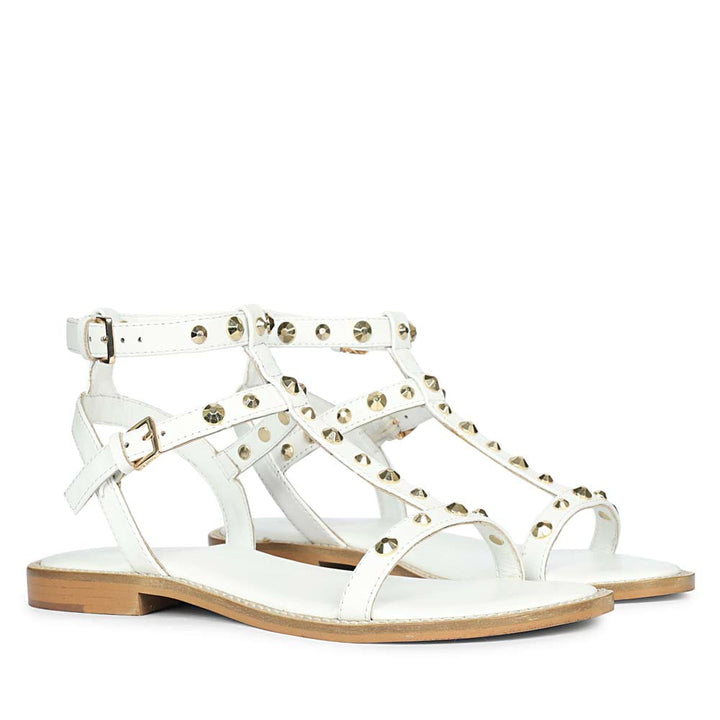 Gold studded white leather sandals