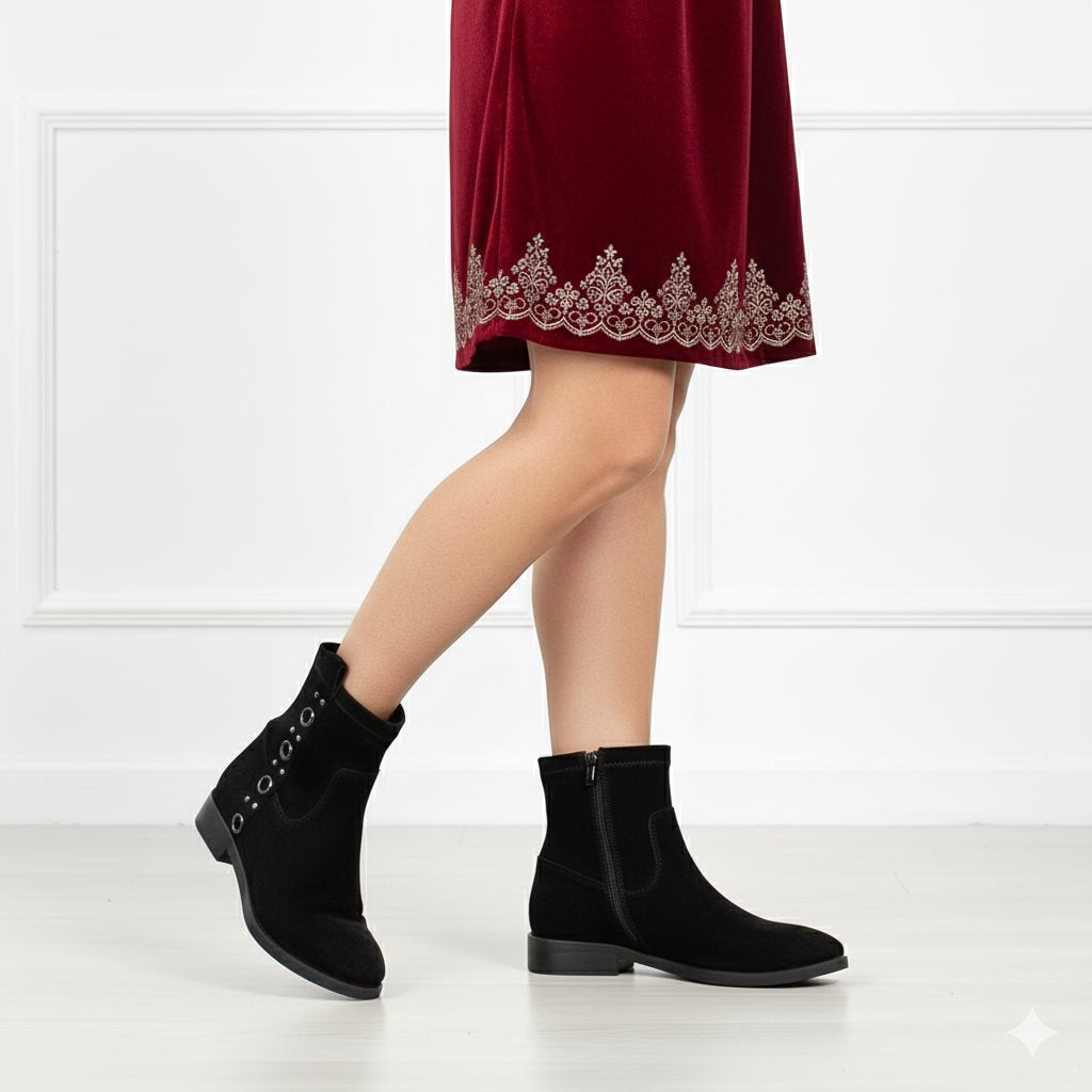 Saint Darcie Eyelets Black Suede Leather Ankle Boots