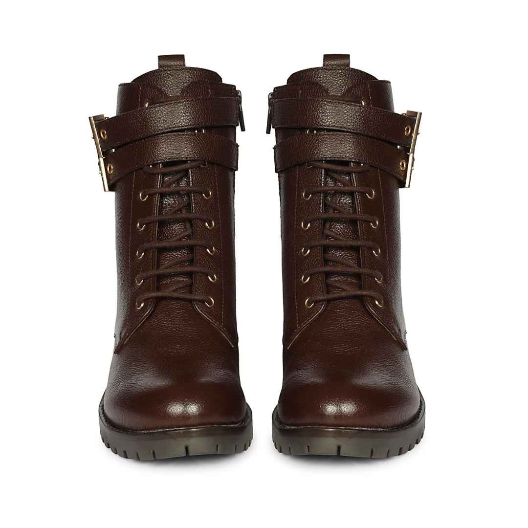 Saint Lucero Buckle Decor Brown Leather High Ankle Boots