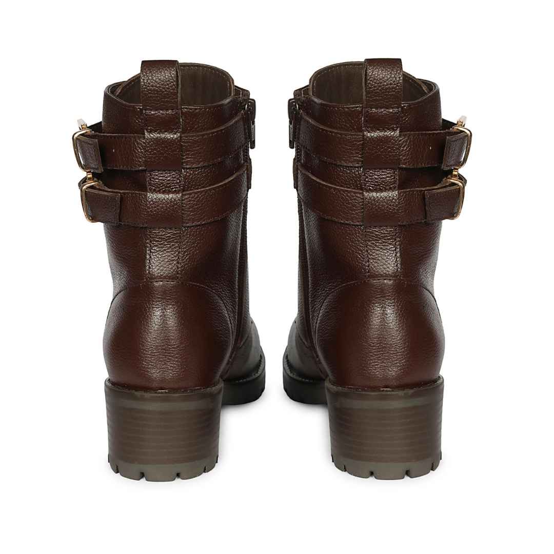 Saint Lucero Buckle Decor Brown Leather High Ankle Boots