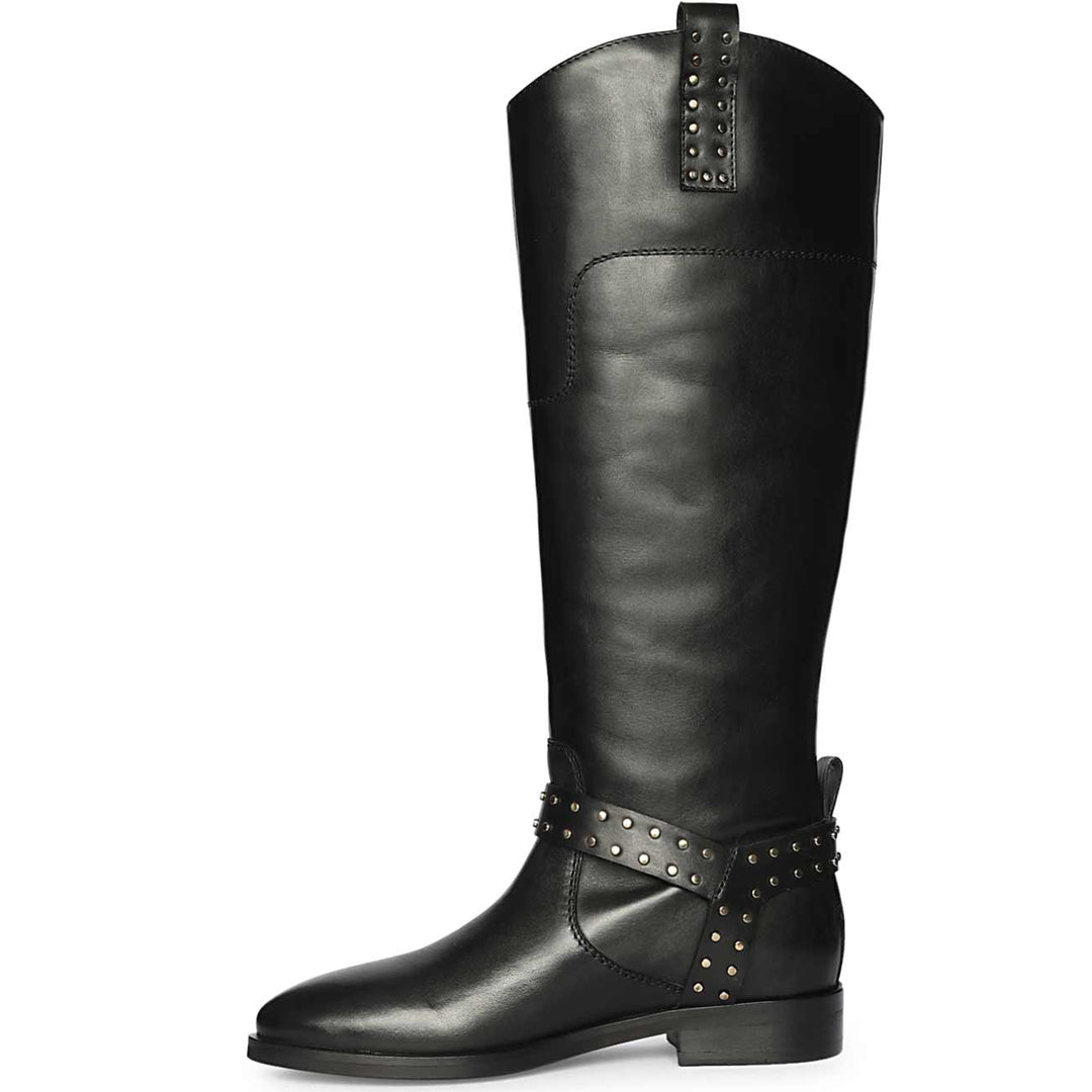 Saint Soraya black leather long boots for women UK, alternate side view of studded strap
