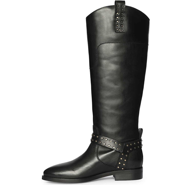 Saint Soraya black leather long boots for women UK, alternate side view of studded strap