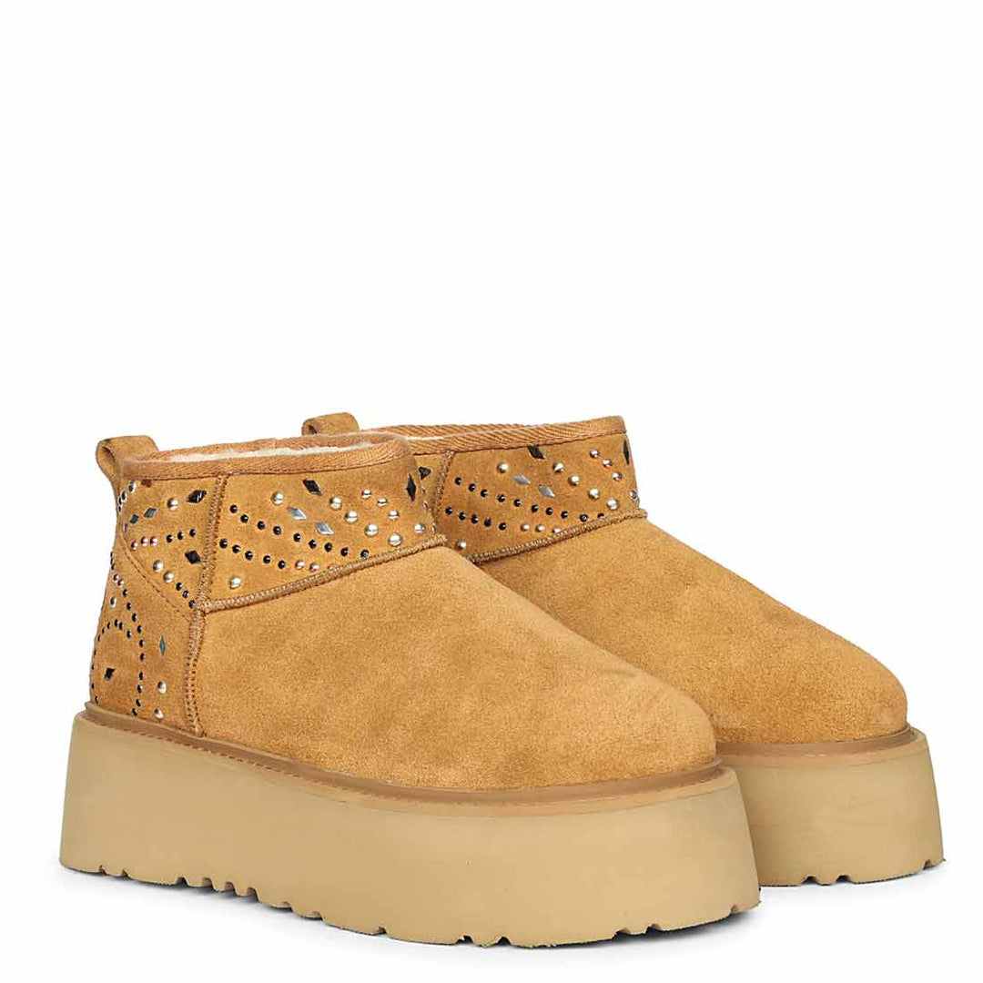 Saint Eislyn Studded Tan Suede Leather Platform Boots