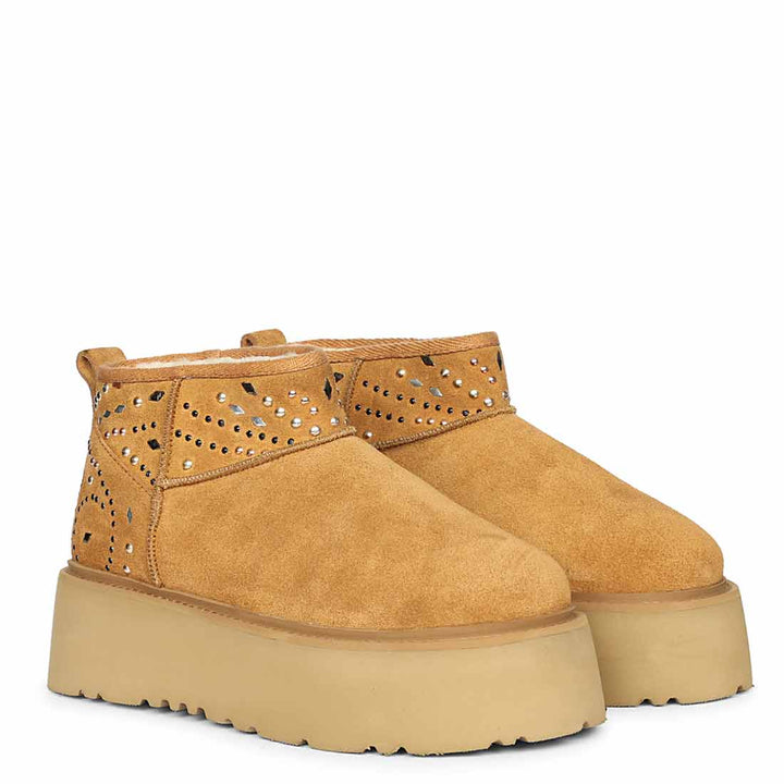 Saint Eislyn Studded Tan Suede Leather Platform Boots