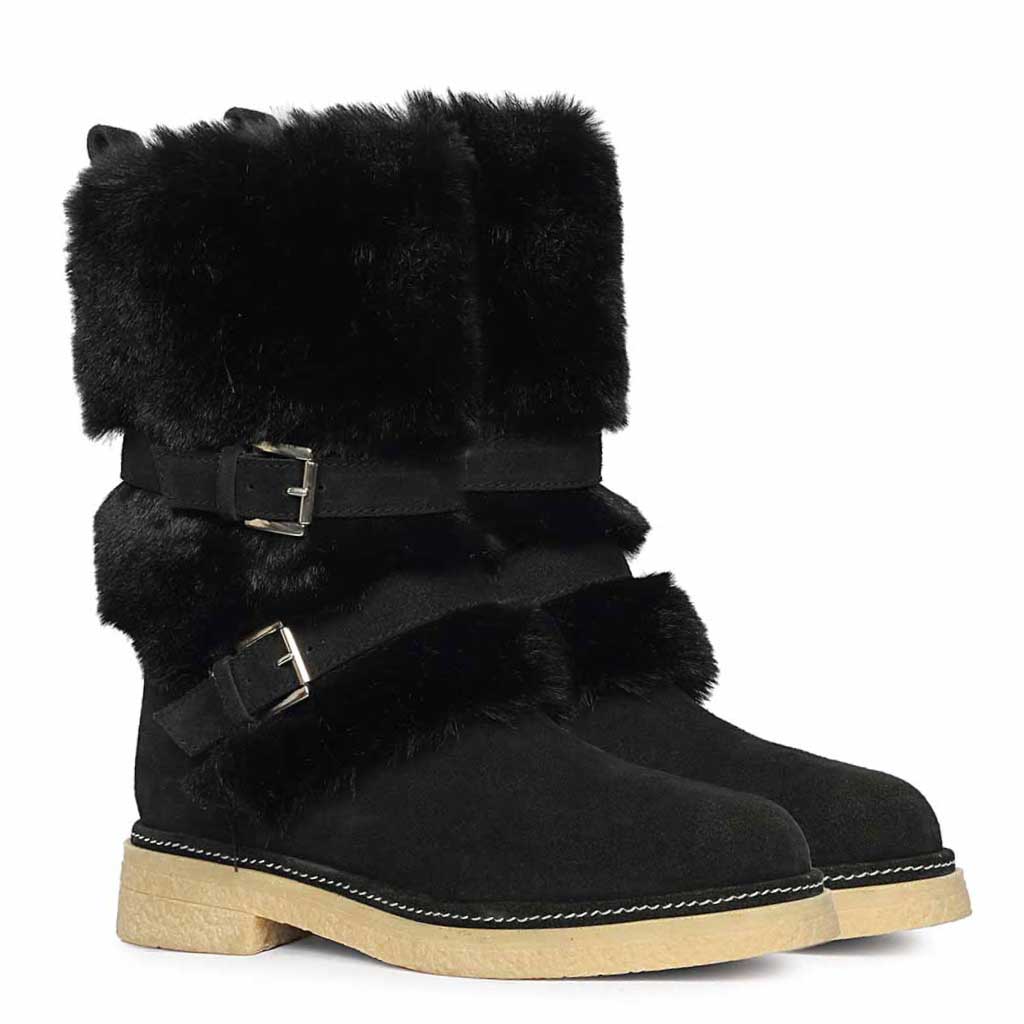Saint Montova Black Leather Shearling Buckle Fur Boots