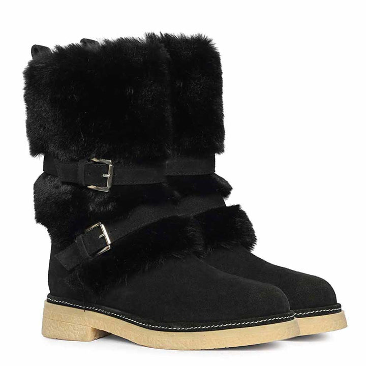 Saint Montova Black Leather Shearling Buckle Fur Boots