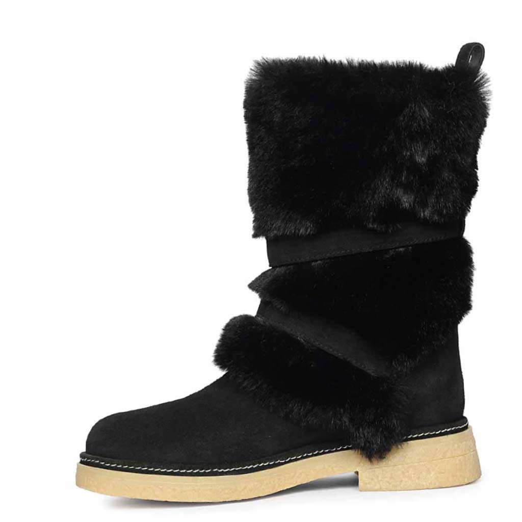 Saint Montova Black Leather Shearling Buckle Fur Boots