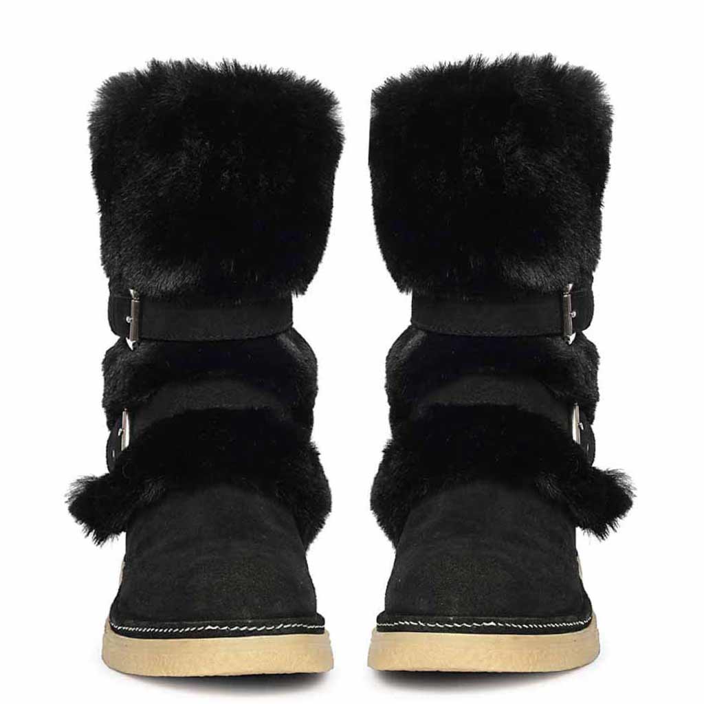 Saint Montova Black Leather Shearling Buckle Fur Boots