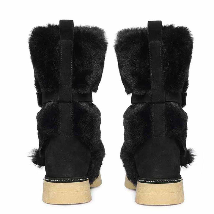 Saint Montova Black Leather Shearling Buckle Fur Boots